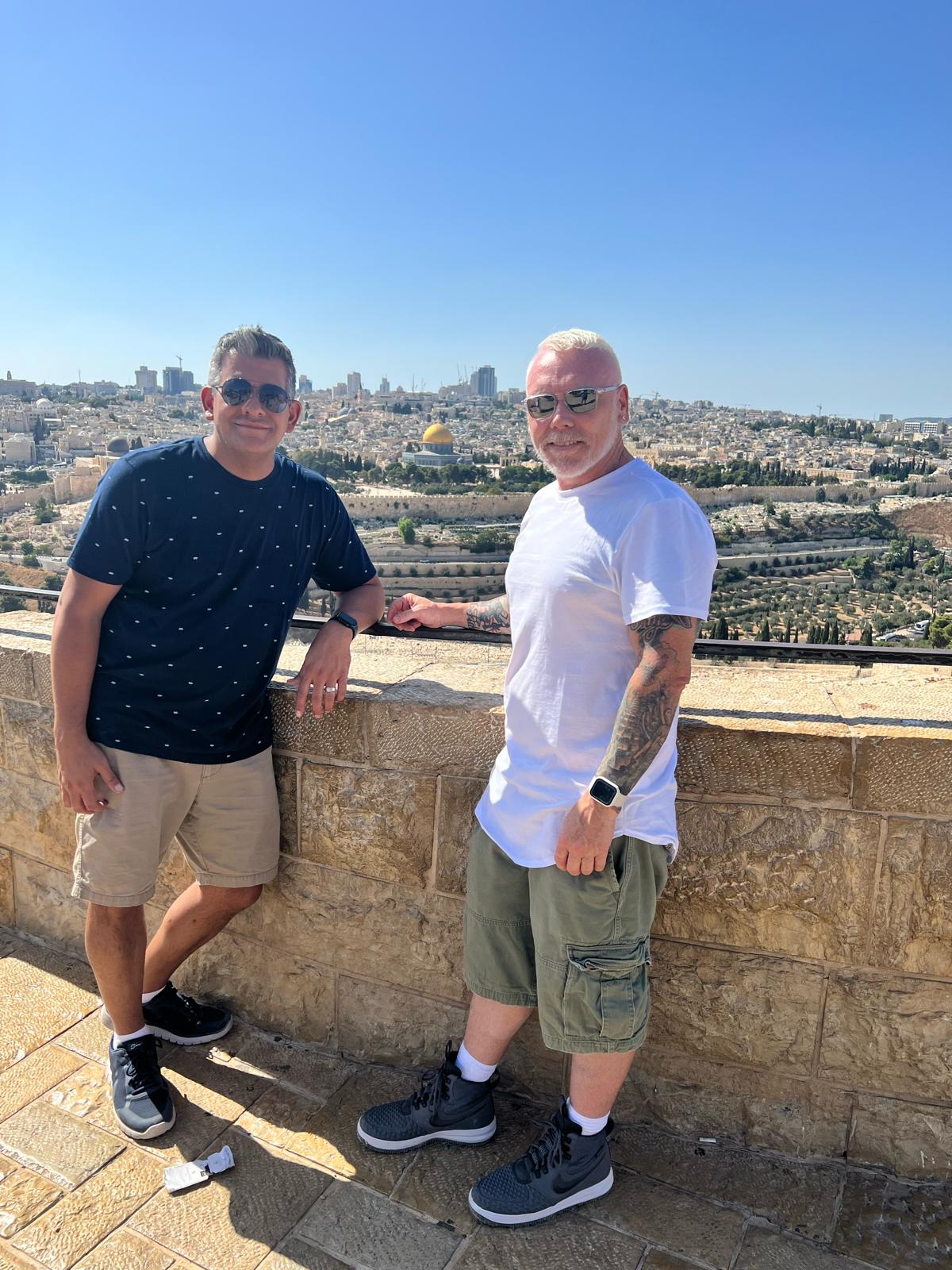 Pastor Michael Chamberlain with a ministry partner overlooking Jerusalem